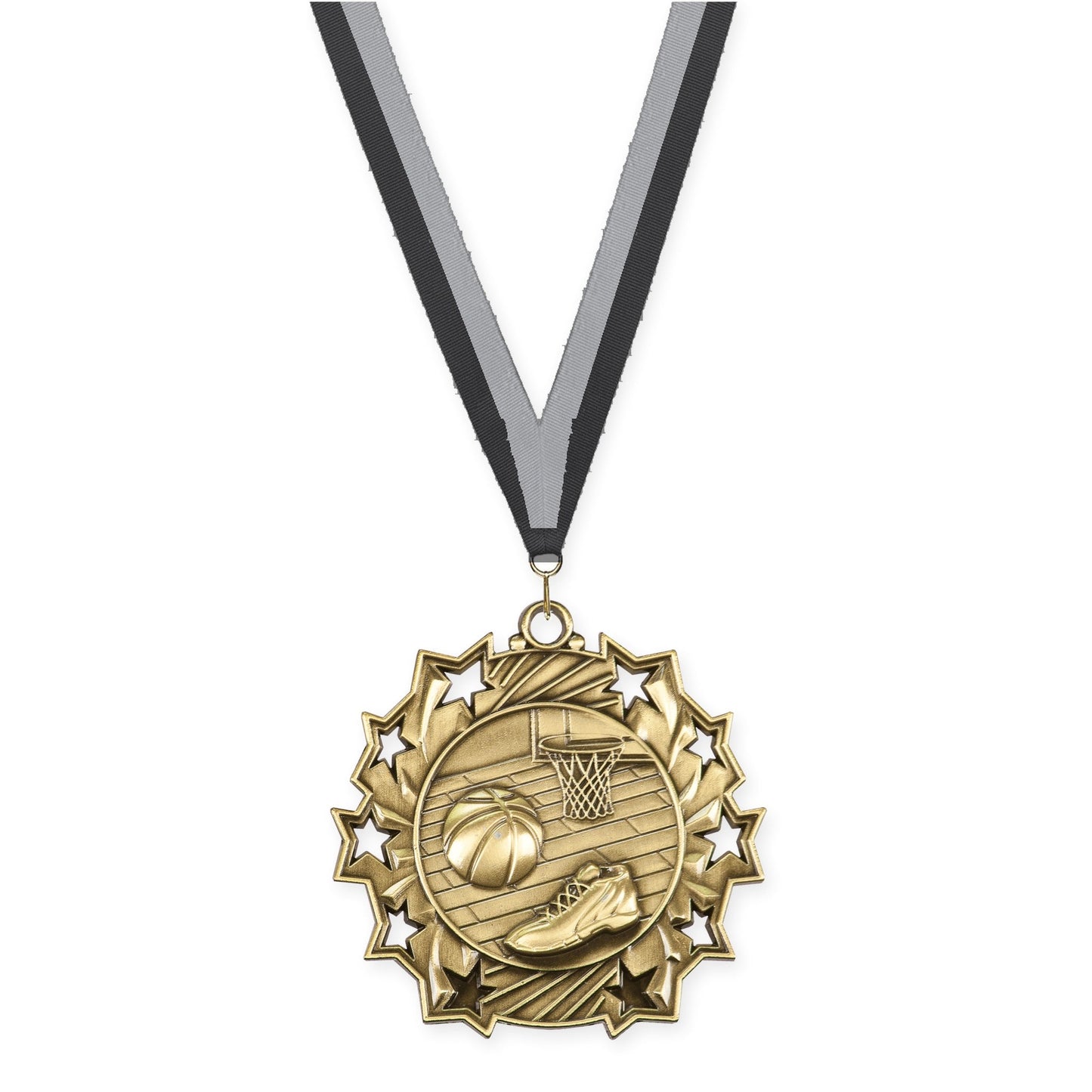 2 1/4 inch basketball Ten Star medal in antique gold with Black Gray neck ribbon
