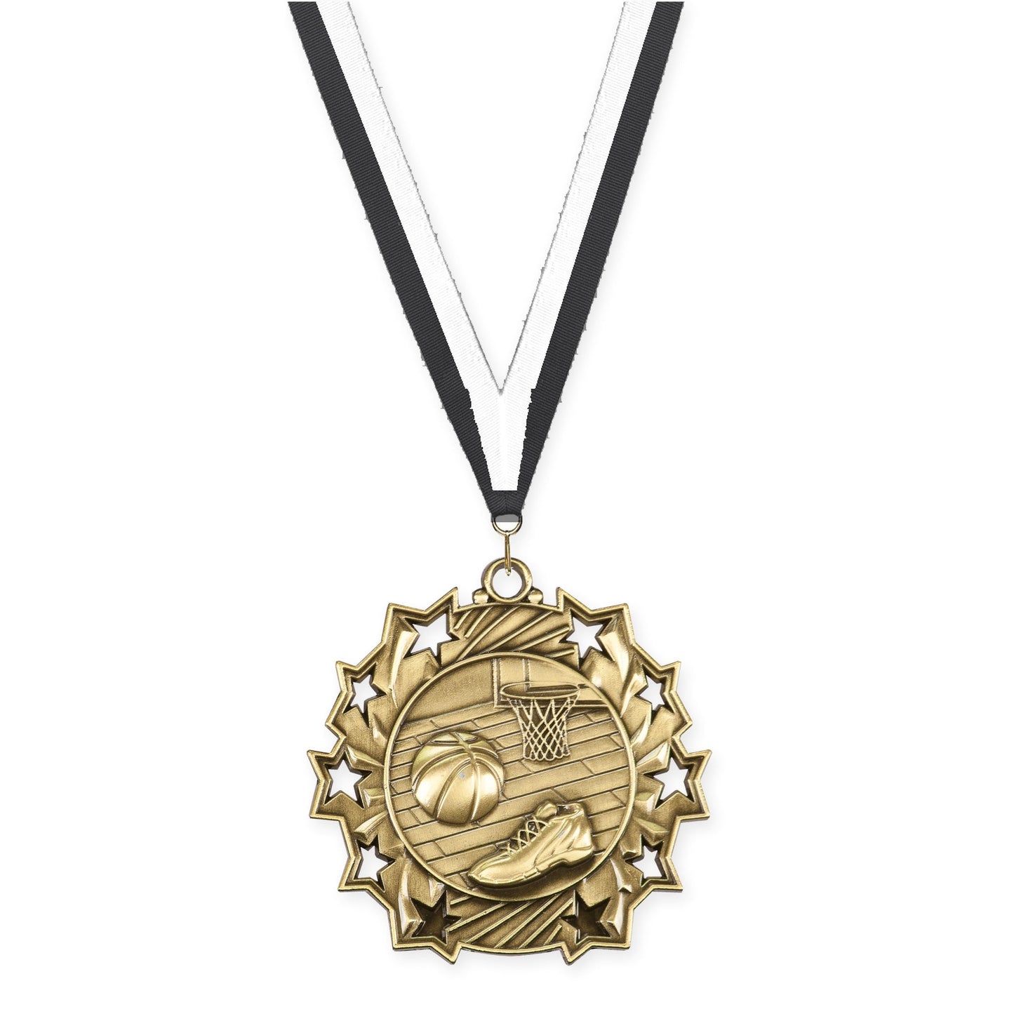 2 1/4 inch basketball Ten Star medal in antique gold with Black White neck ribbon