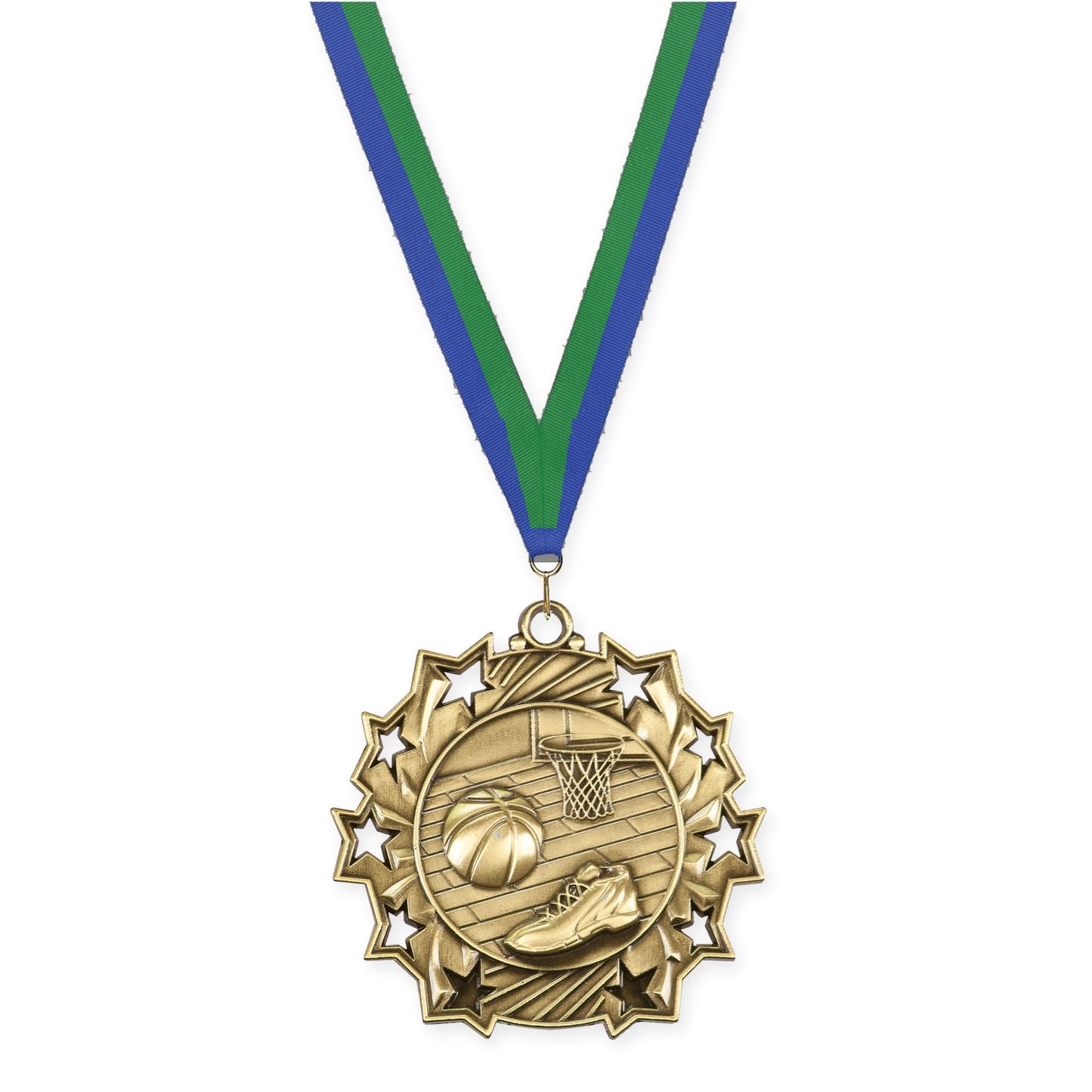 2 1/4 inch basketball Ten Star medal in antique gold with Blue Green neck ribbon