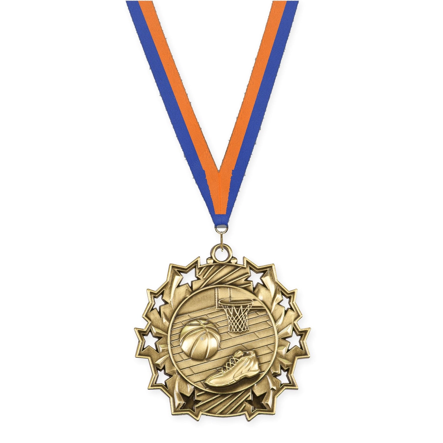 2 1/4 inch basketball Ten Star medal in antique gold with Blue Orange neck ribbon