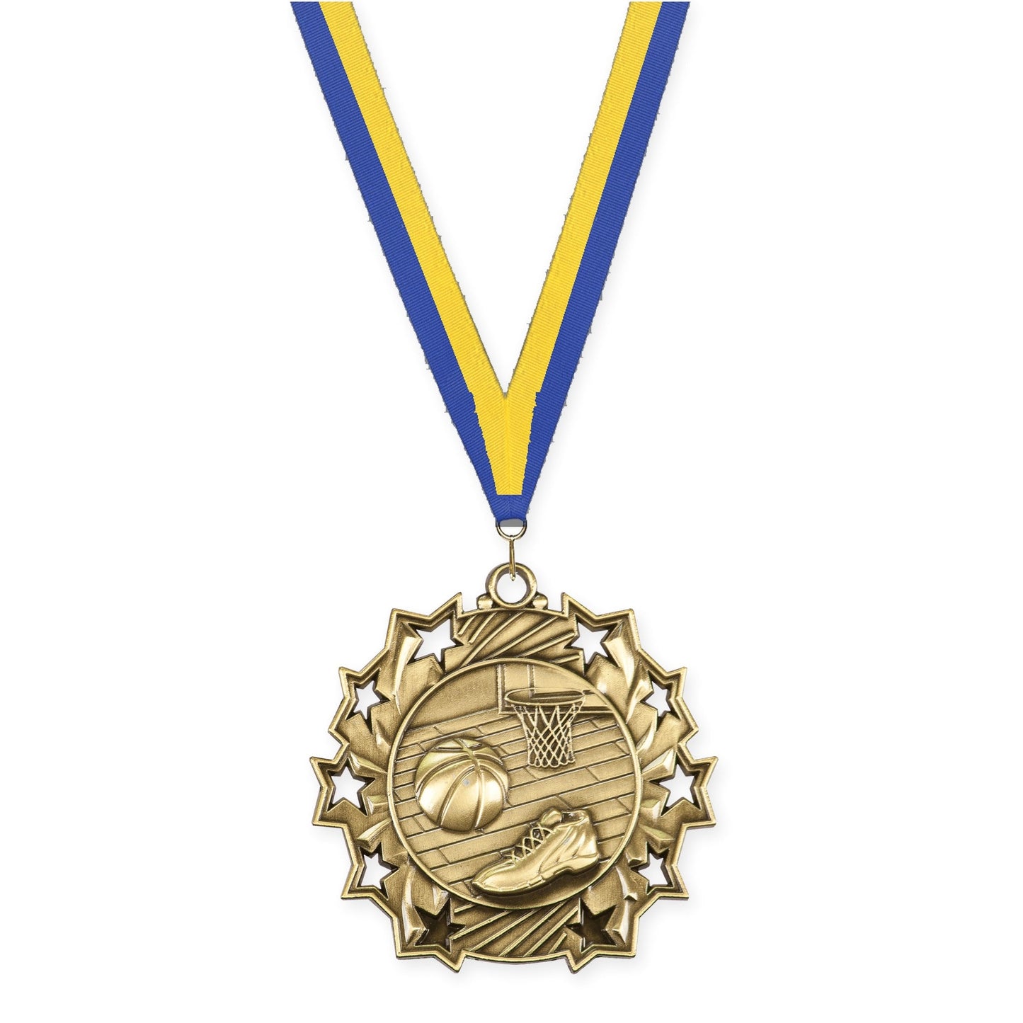 2 1/4 inch basketball Ten Star medal in antique gold with Blue Yellow neck ribbon