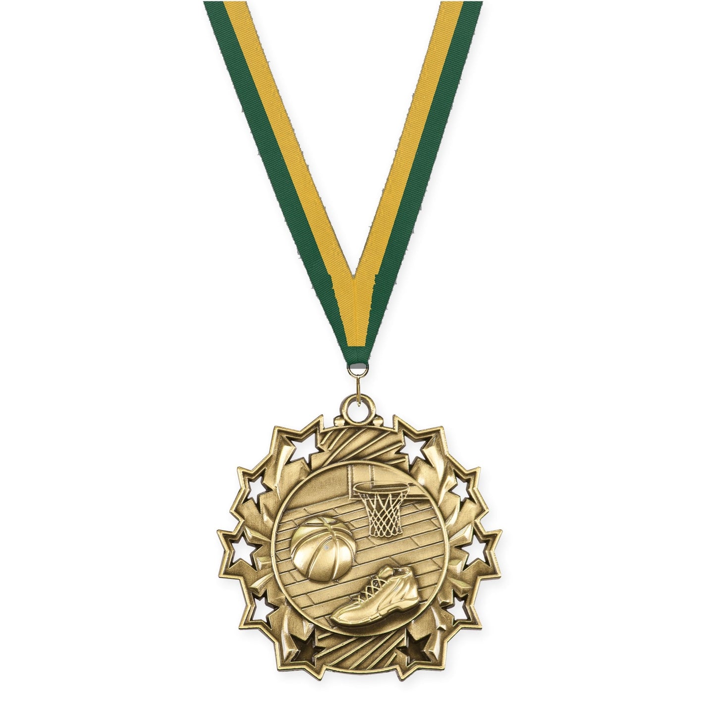 2 1/4 inch basketball Ten Star medal in antique gold with Hunter Green Gold neck ribbon