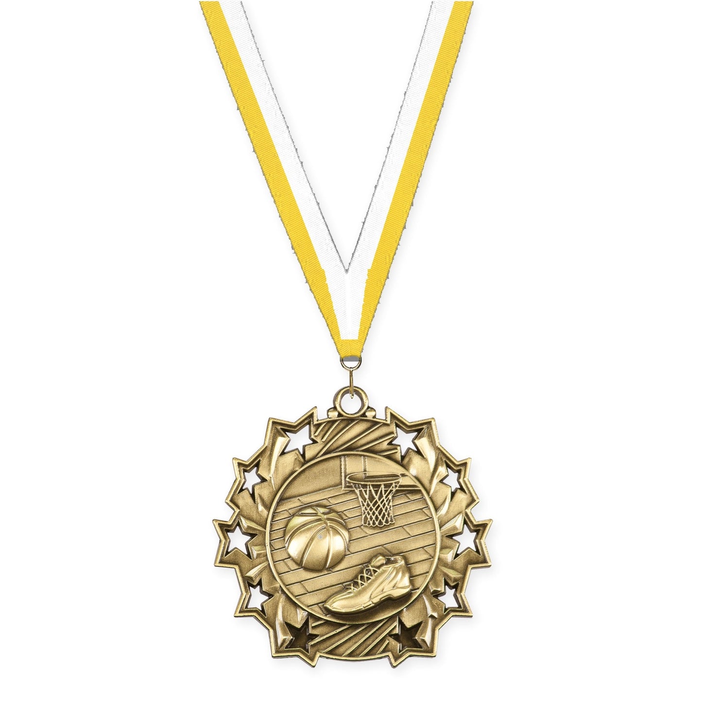 2 1/4 inch basketball Ten Star medal in antique gold with Yellow White neck ribbon