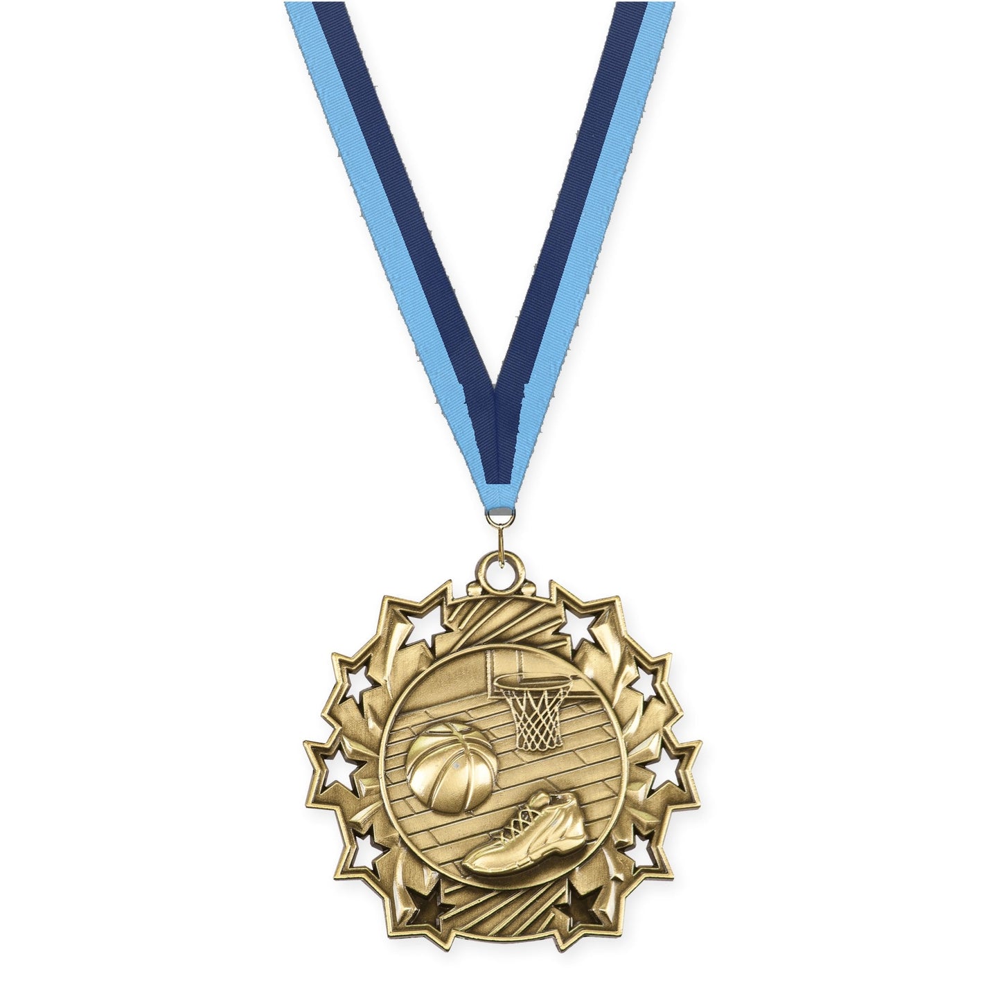 2 1/4 inch basketball Ten Star medal in antique gold with Light Blue Navy neck ribbon