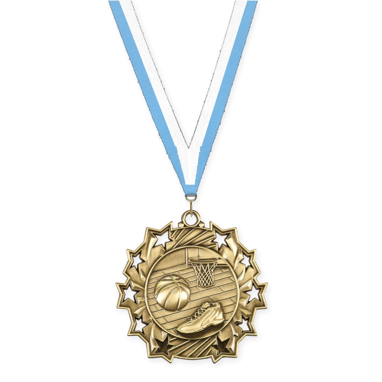 2 1/4 inch basketball Ten Star medal in antique gold with Light Blue White neck ribbon