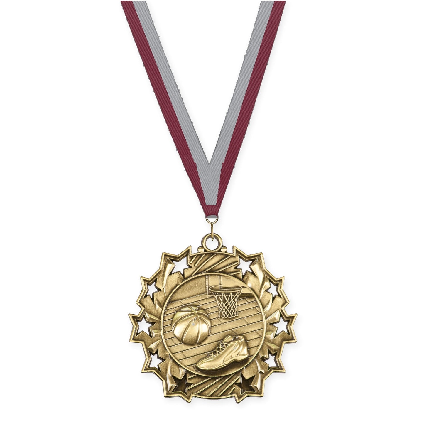 2 1/4 inch basketball Ten Star medal in antique gold with Maroon Gray neck ribbon