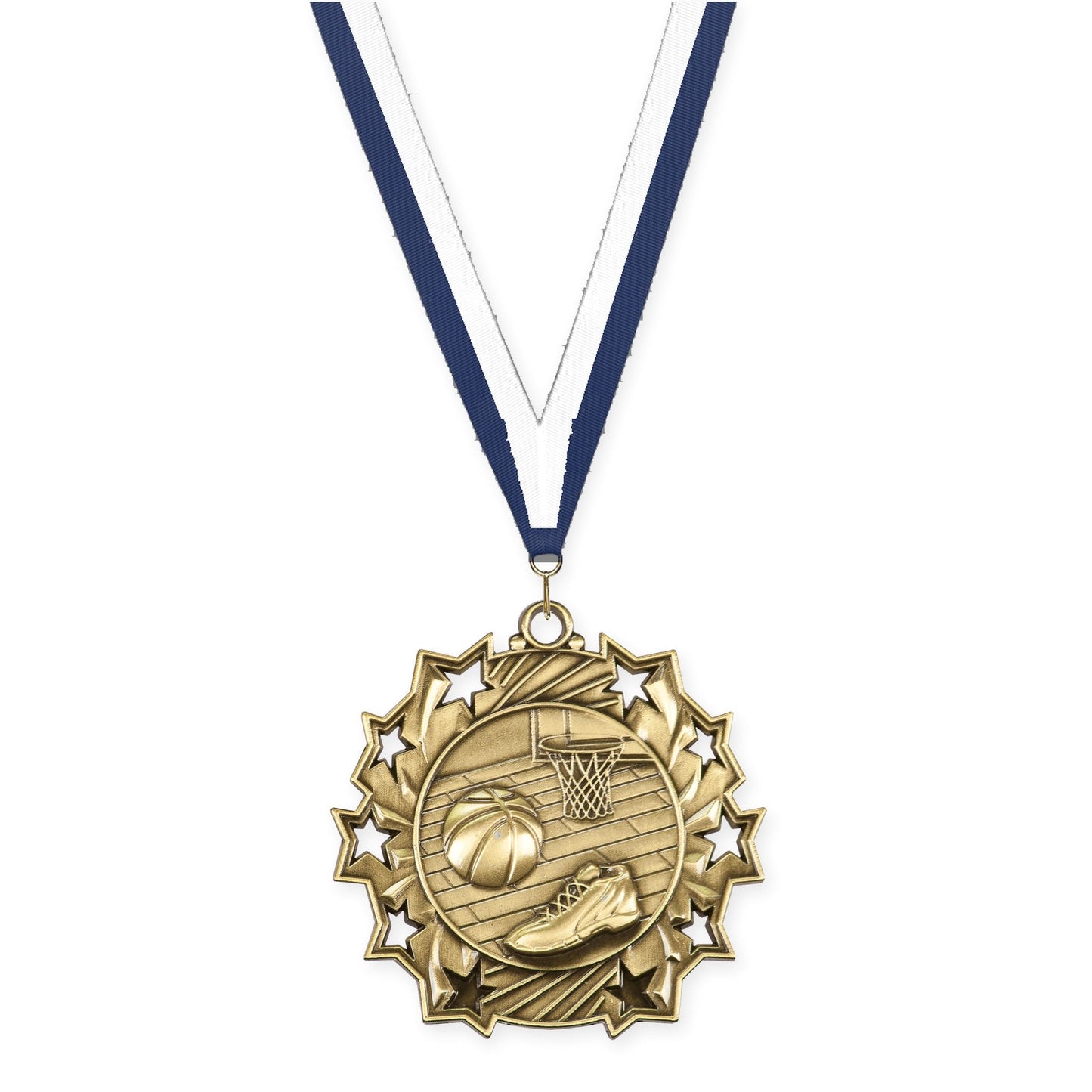 2 1/4 inch basketball Ten Star medal in antique gold with Navy White neck ribbon