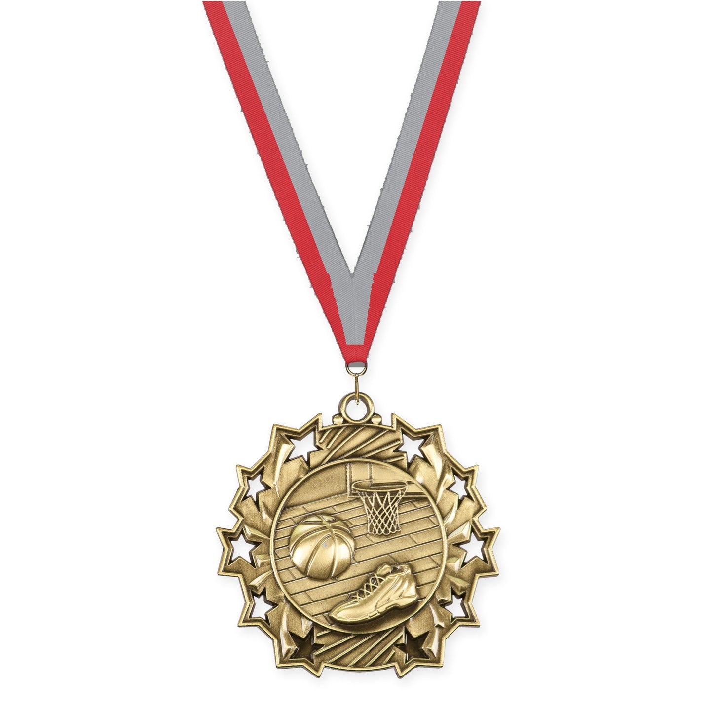 2 1/4 inch basketball Ten Star medal in antique gold with Red Gray neck ribbon