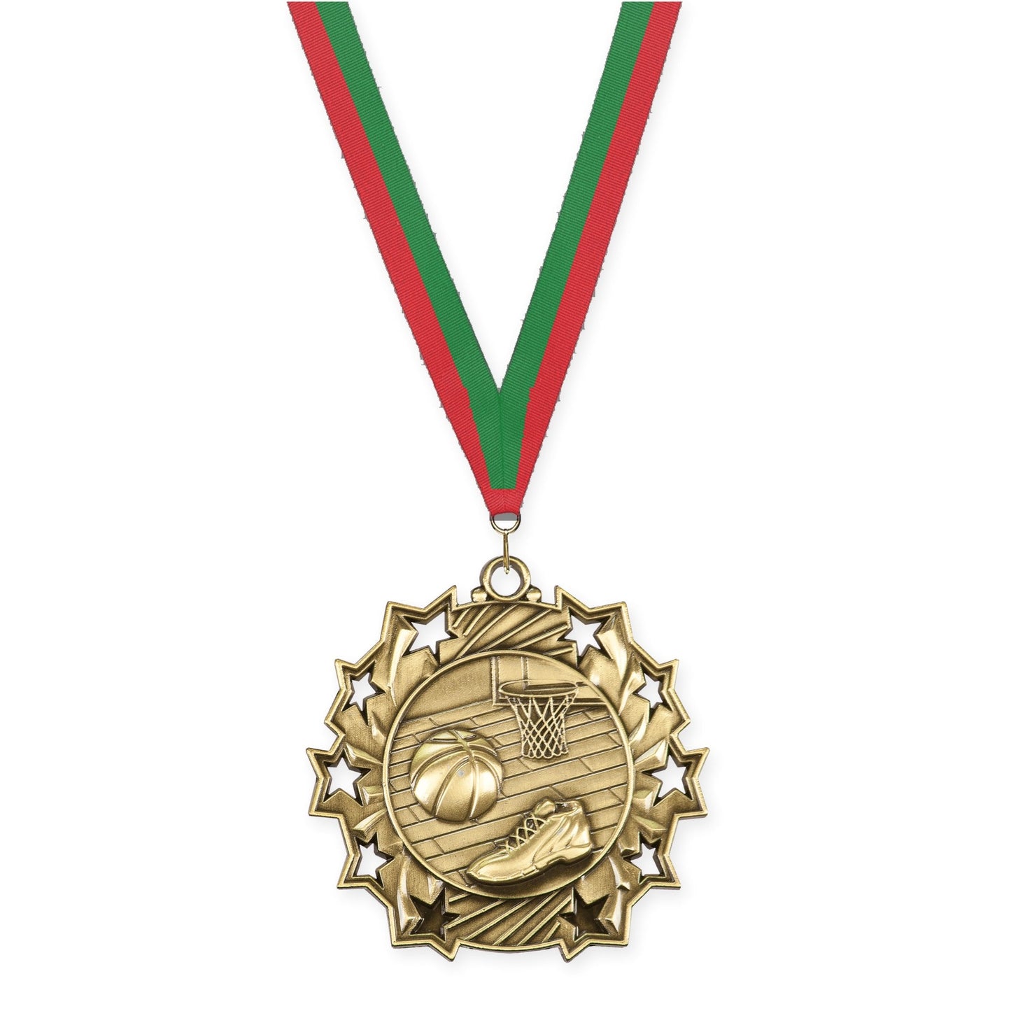 2 1/4 inch basketball Ten Star medal in antique gold with Red Green neck ribbon