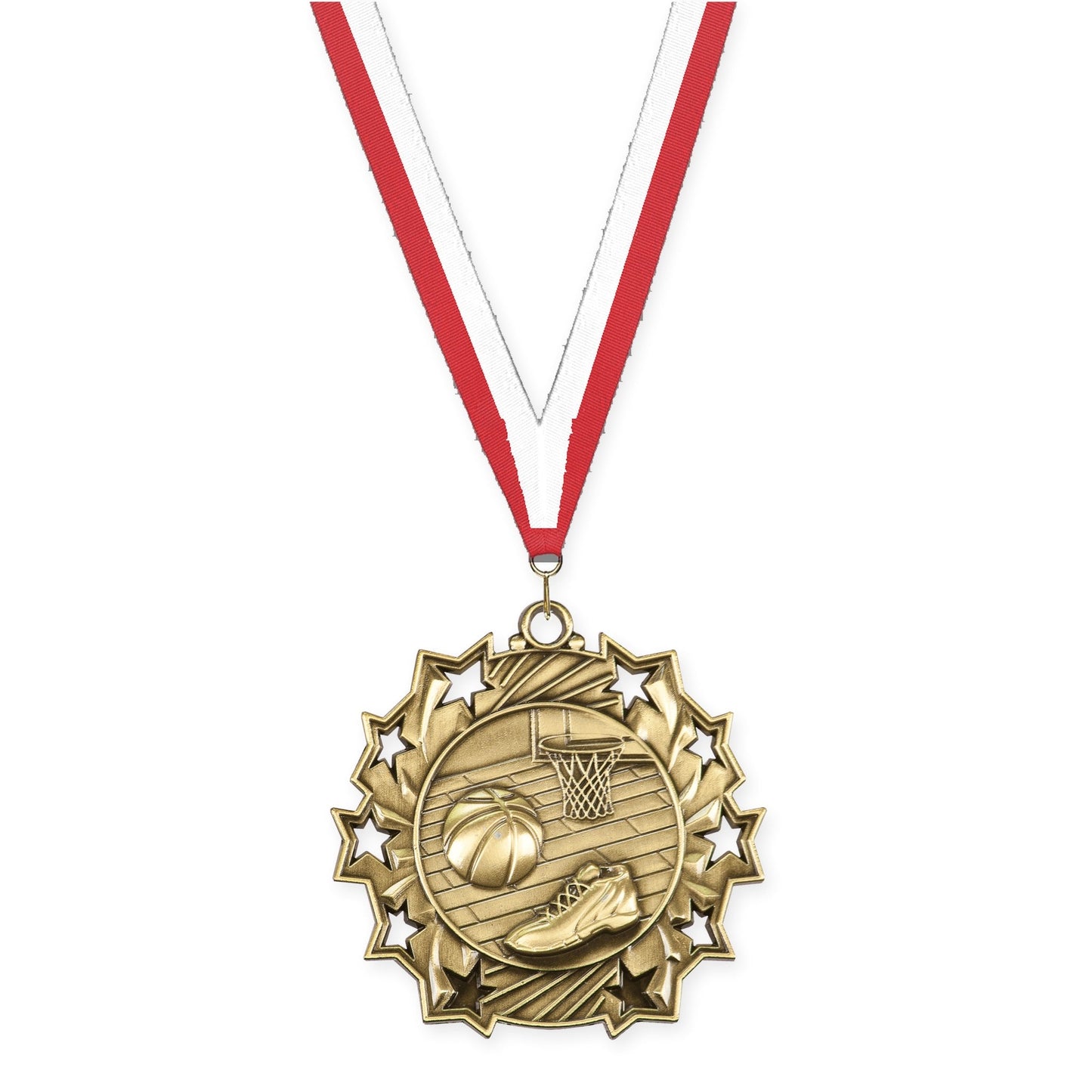 2 1/4 inch basketball Ten Star medal in antique gold with Red White neck ribbon