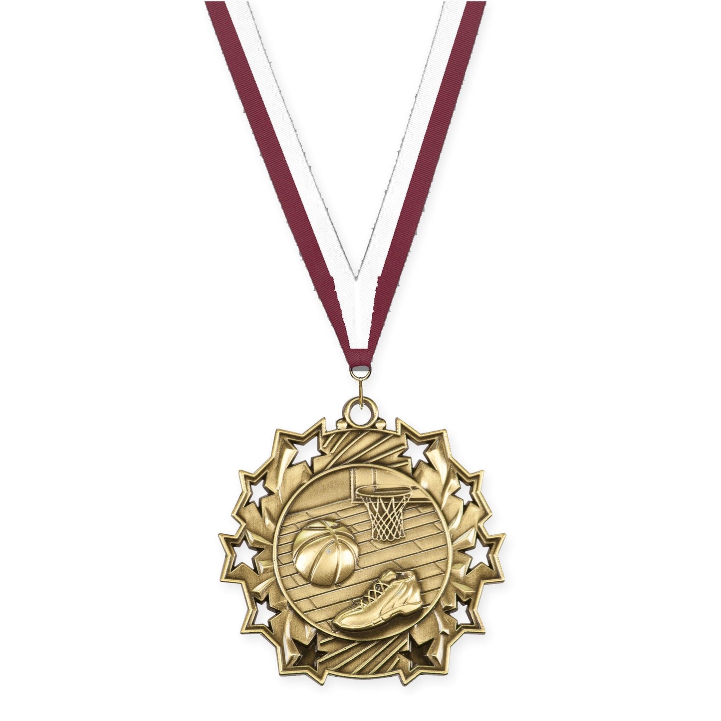 2 1/4 inch basketball Ten Star medal in antique gold with Maroon White neck ribbon