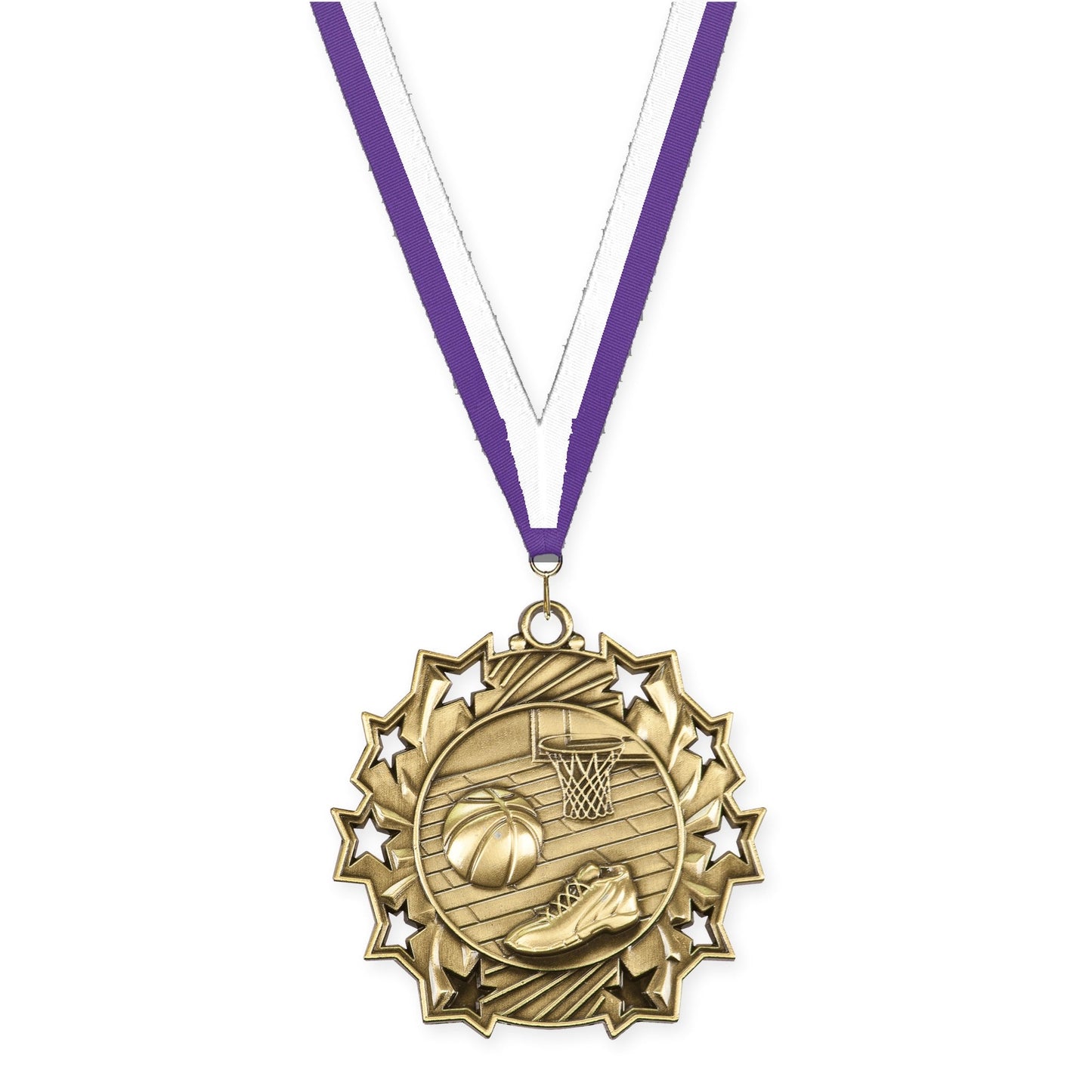 2 1/4 inch basketball Ten Star medal in antique gold with Purple White neck ribbon