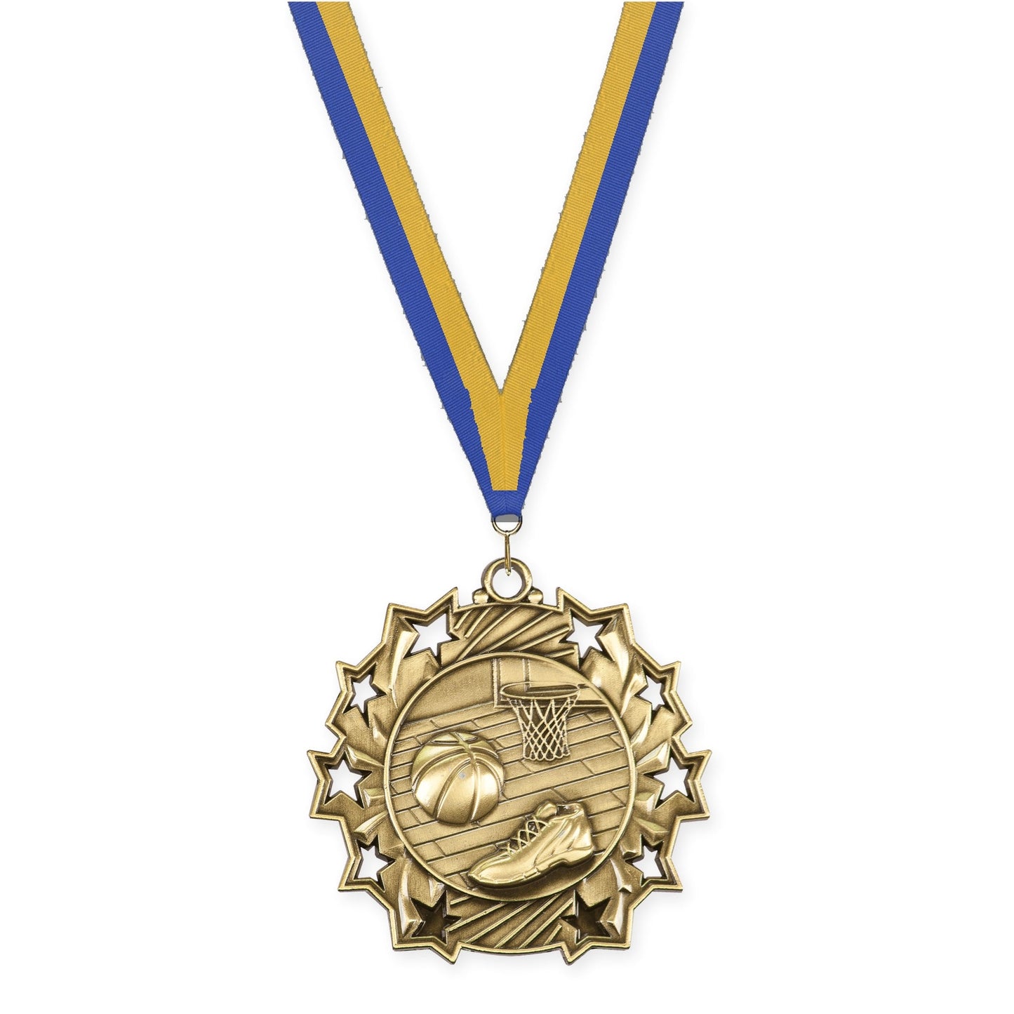 2 1/4 inch basketball Ten Star medal in antique gold with Blue Gold neck ribbon