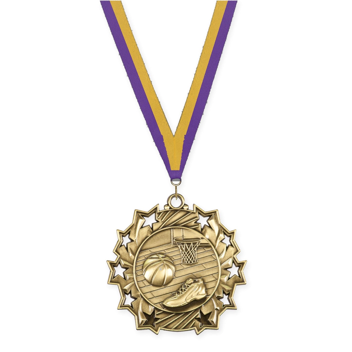 2 1/4 inch basketball Ten Star medal in antique gold with Purple Gold neck ribbon
