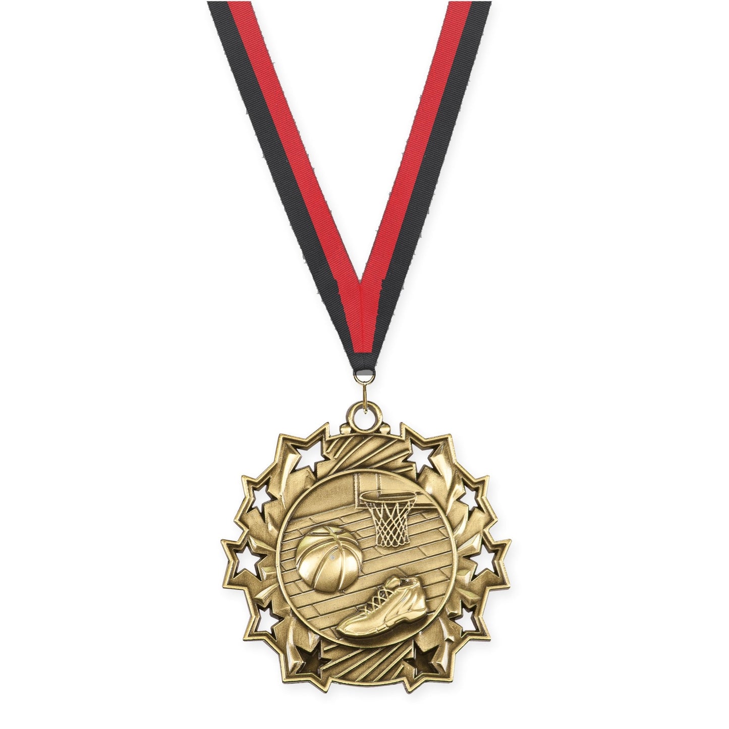 2 1/4 inch basketball Ten Star medal in antique gold with Black Red neck ribbon