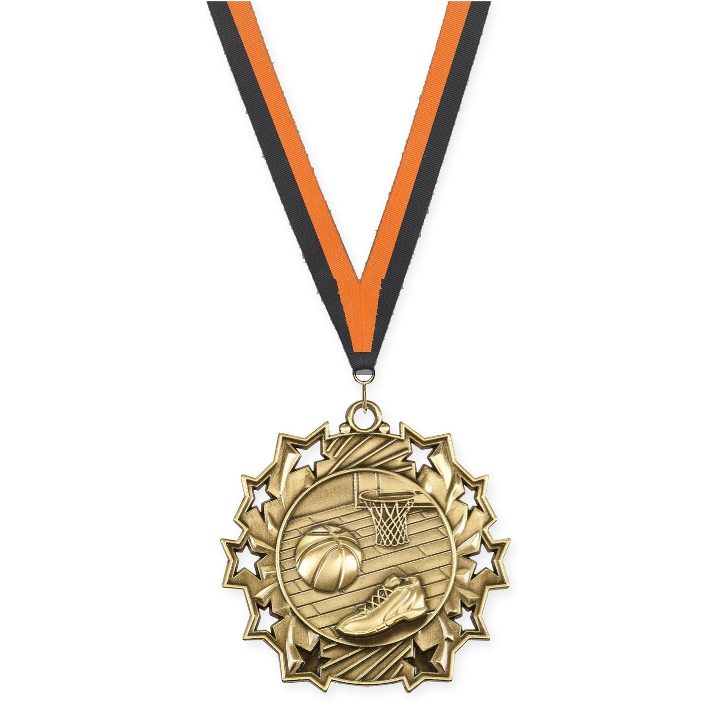 2 1/4 inch basketball Ten Star medal in antique gold with Black Orange neck ribbon