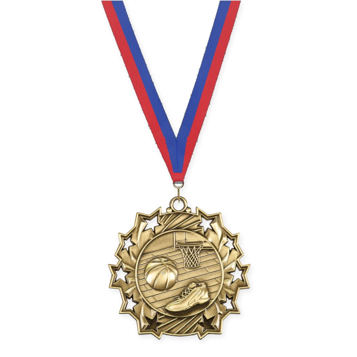 2 1/4 inch basketball Ten Star medal in antique gold with Blue Red neck ribbon