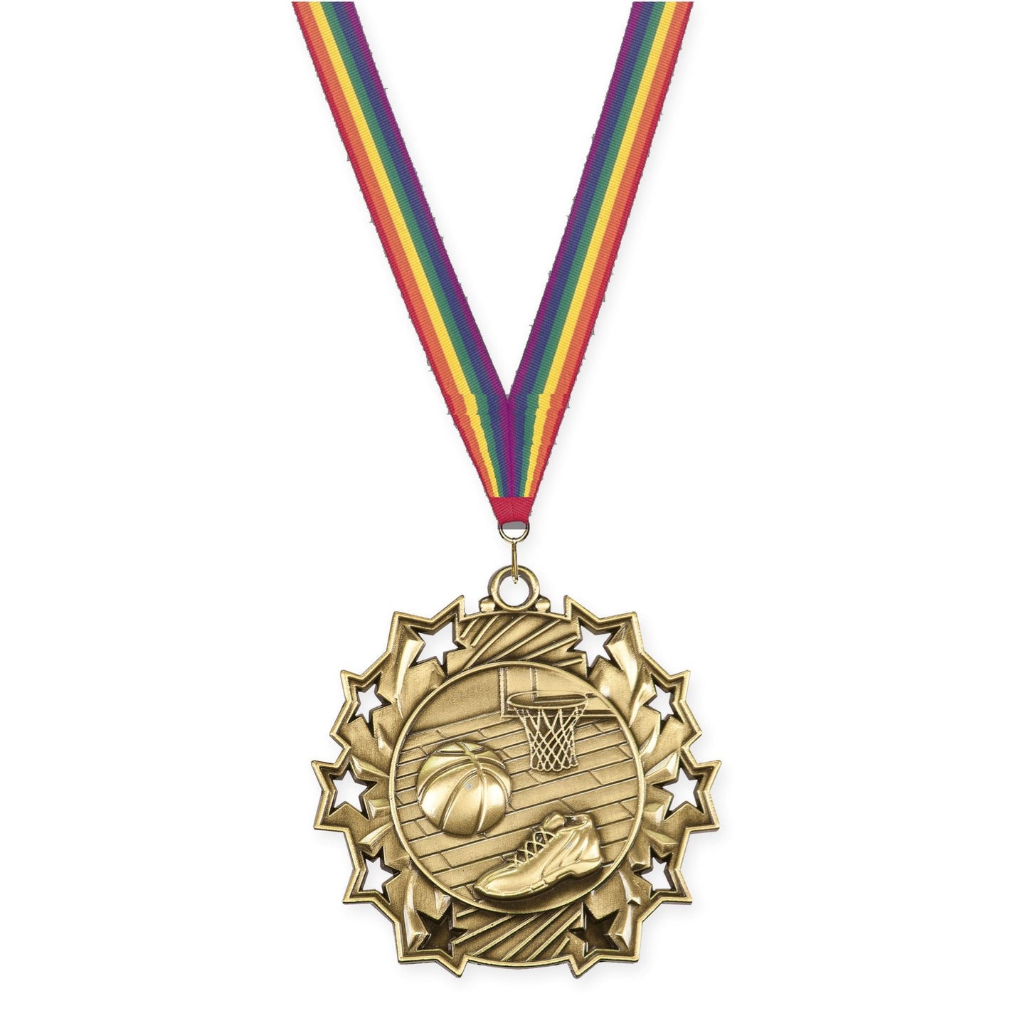2 1/4 inch basketball Ten Star medal in antique gold with Rainbow neck ribbon