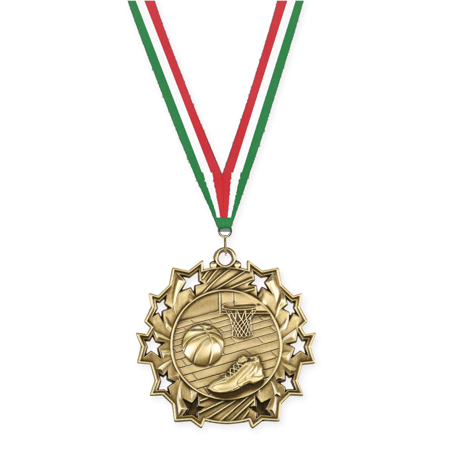 2 1/4 inch basketball Ten Star medal in antique gold with Green White Red neck ribbon
