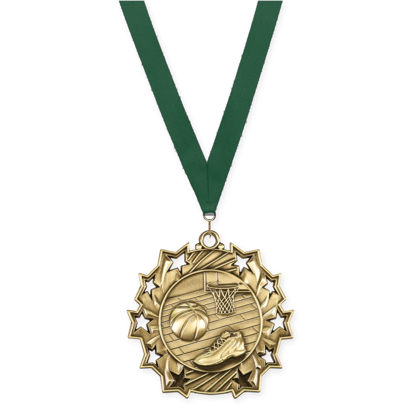 2 1/4 inch basketball Ten Star medal in antique gold with Hunter Green neck ribbon