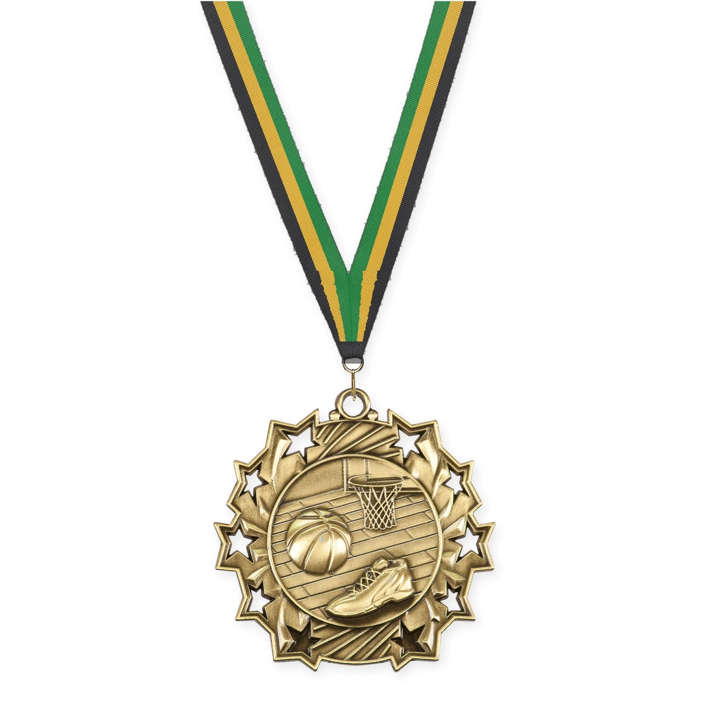 2 1/4 inch basketball Ten Star medal in antique gold with Black Gold Green neck ribbon