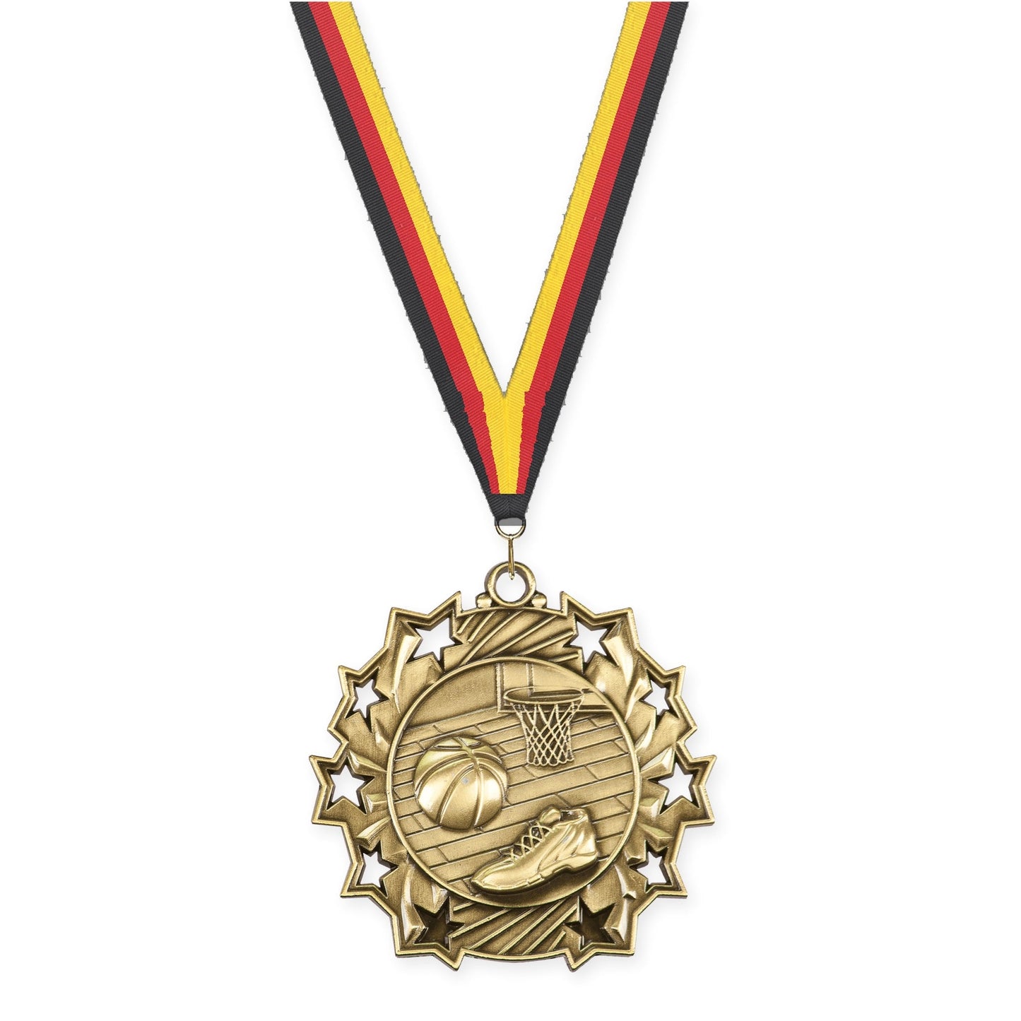 2 1/4 inch basketball Ten Star medal in antique gold with Black Red Yellow neck ribbon