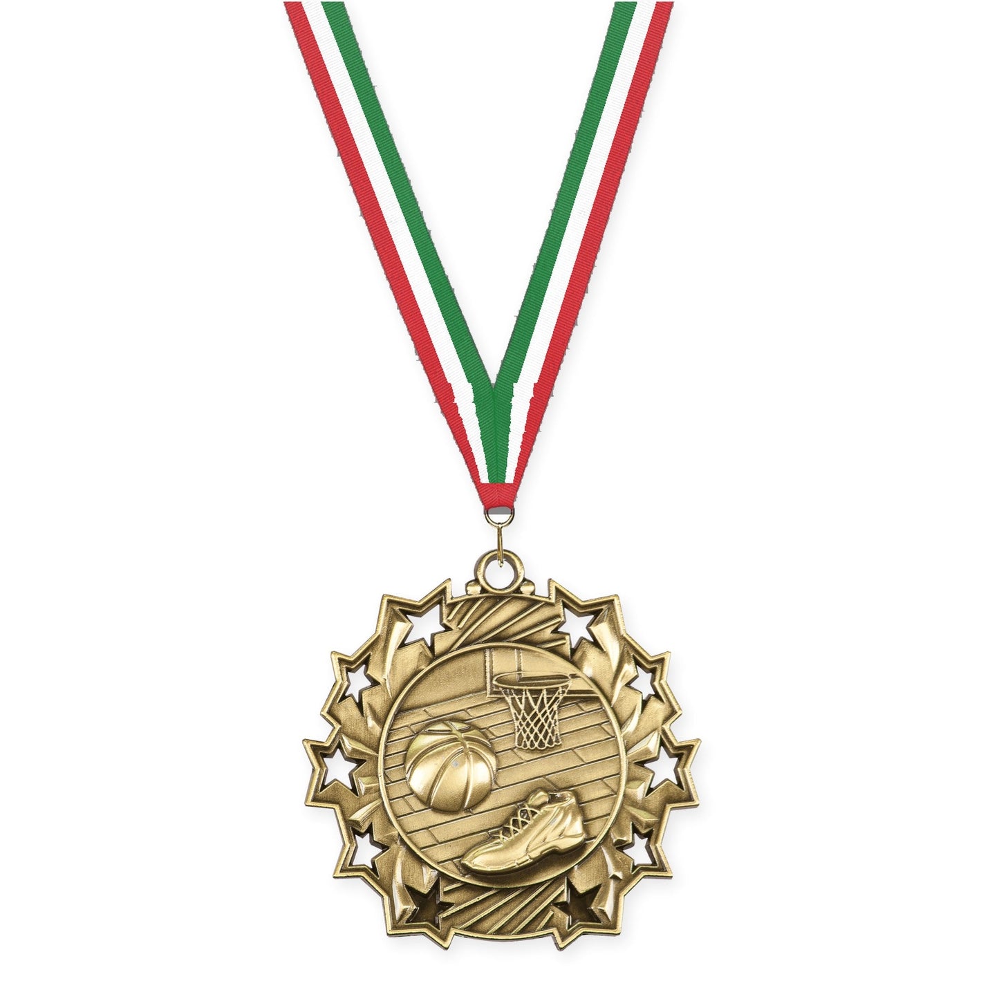 2 1/4 inch basketball Ten Star medal in antique gold with Red White Green neck ribbon
