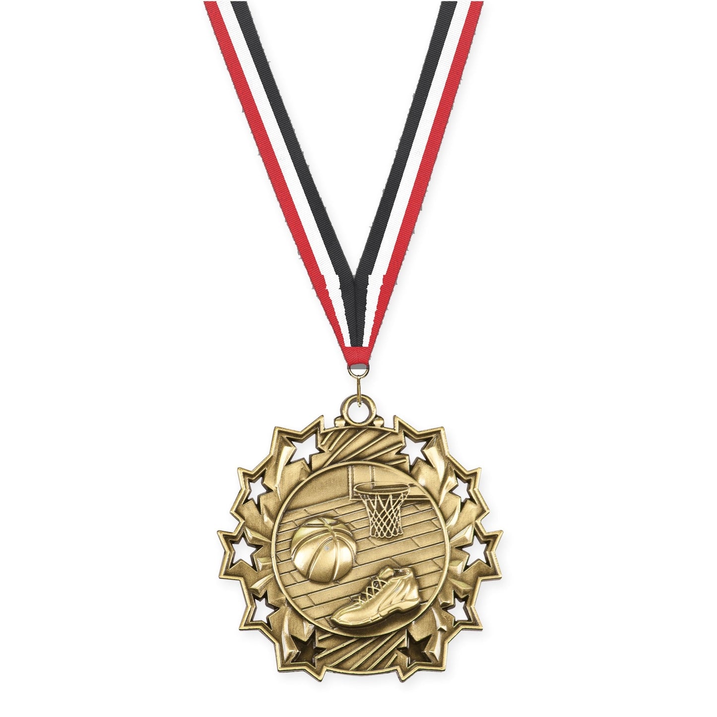 2 1/4 inch basketball Ten Star medal in antique gold with Red White Black neck ribbon