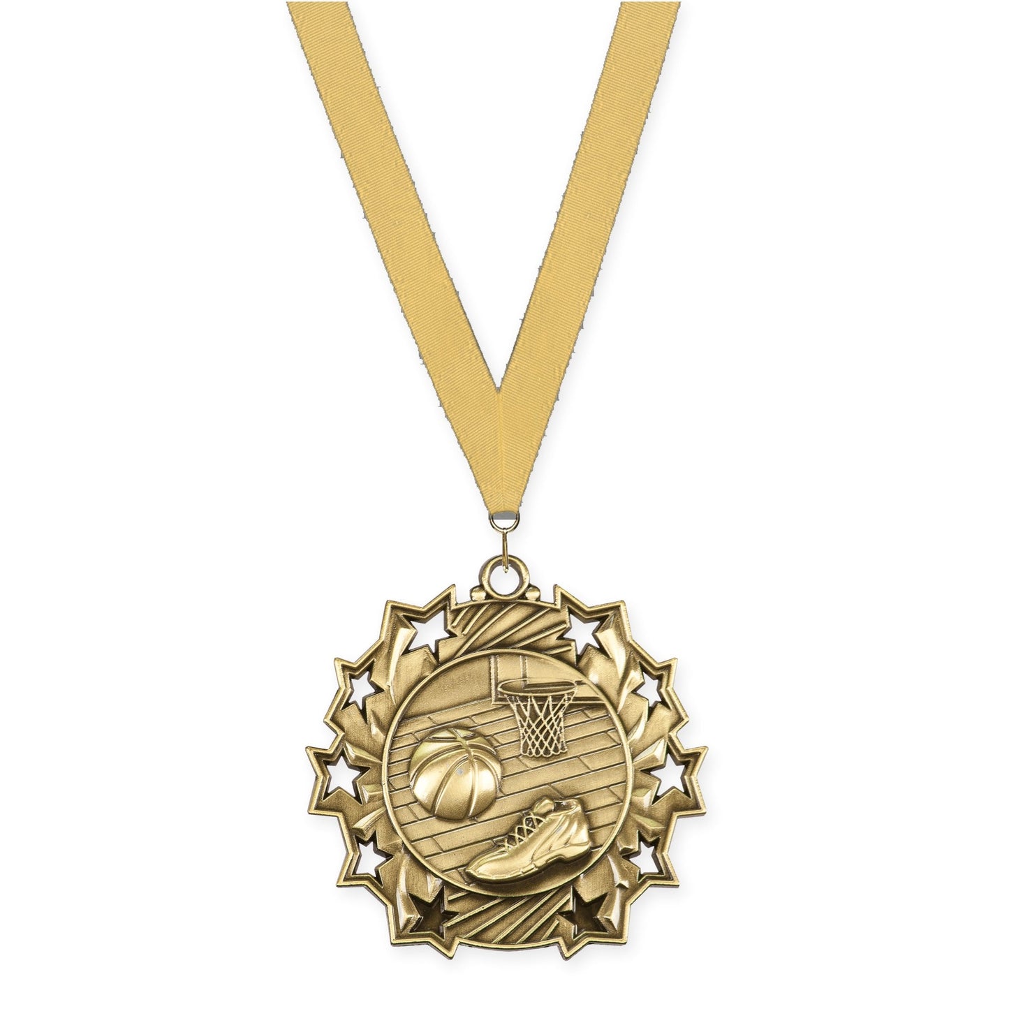 2 1/4 inch basketball Ten Star medal in antique gold with Gold Metallic neck ribbon