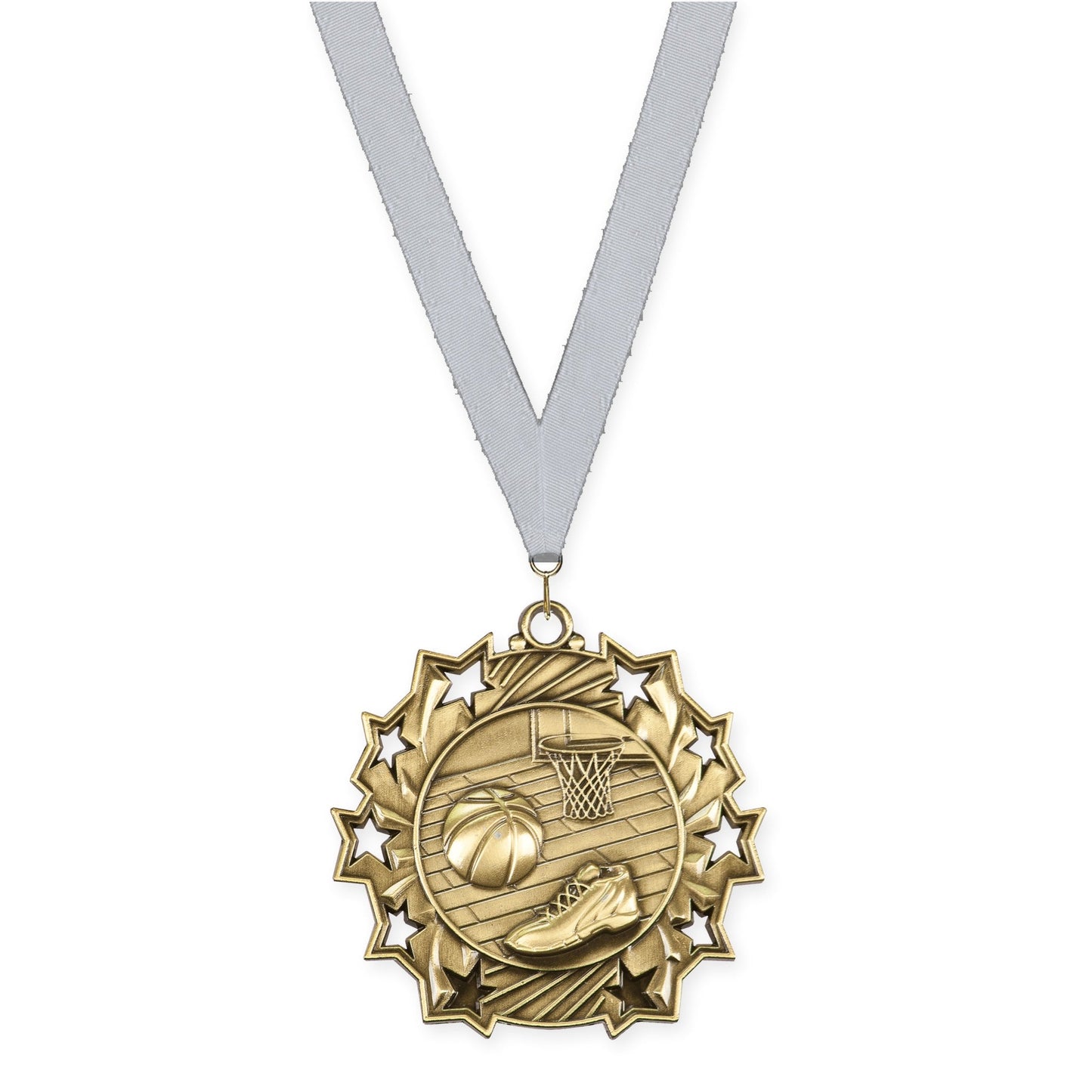 2 1/4 inch basketball Ten Star medal in antique gold with Silver Metallic neck ribbon