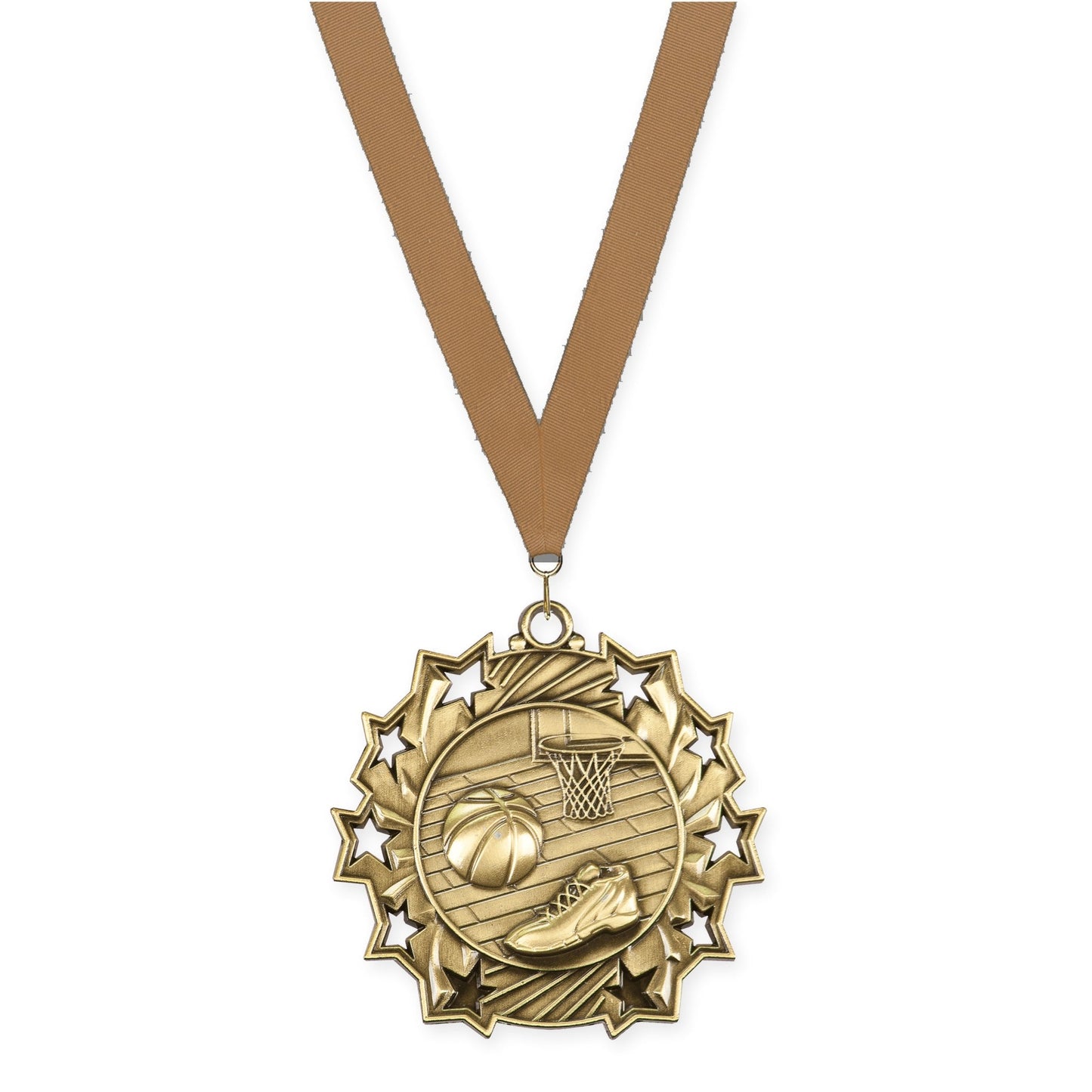 2 1/4 inch basketball Ten Star medal in antique gold with Bronze Metallic neck ribbon
