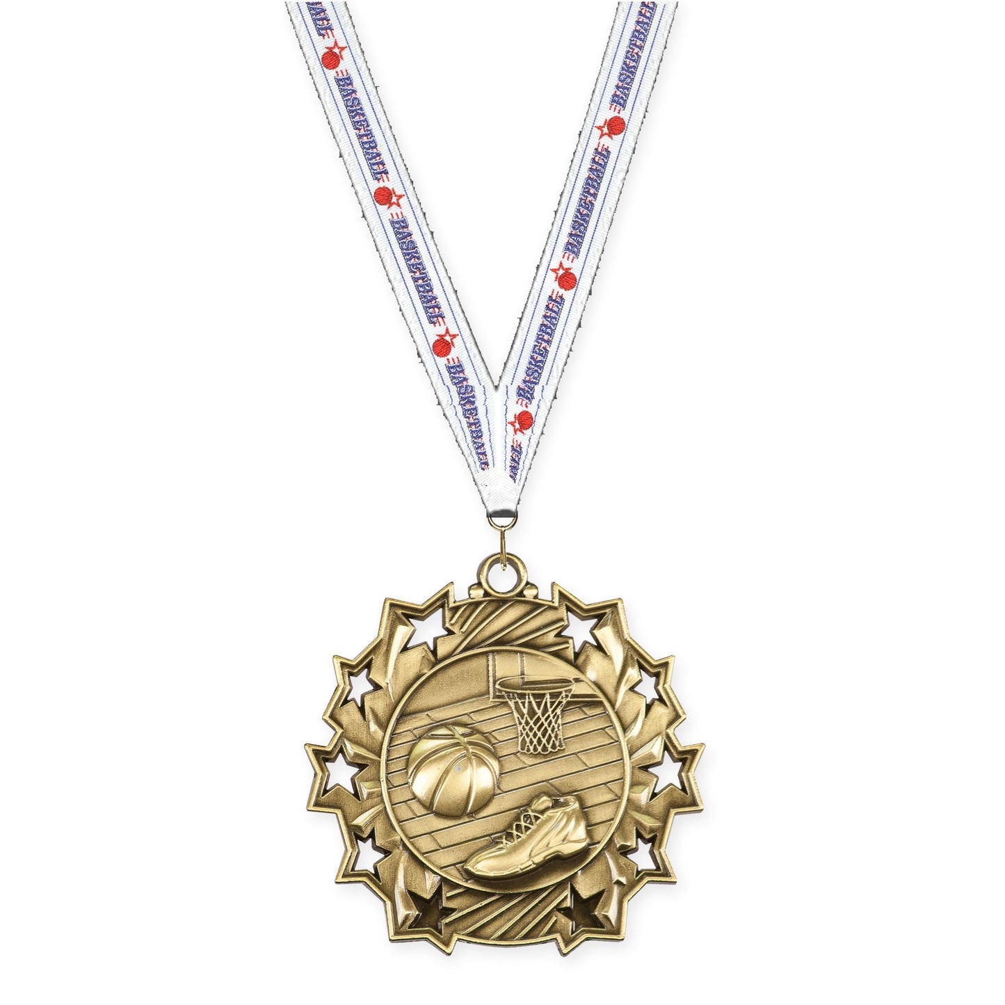2 1/4 inch basketball Ten Star medal in antique gold with Basketball neck ribbon