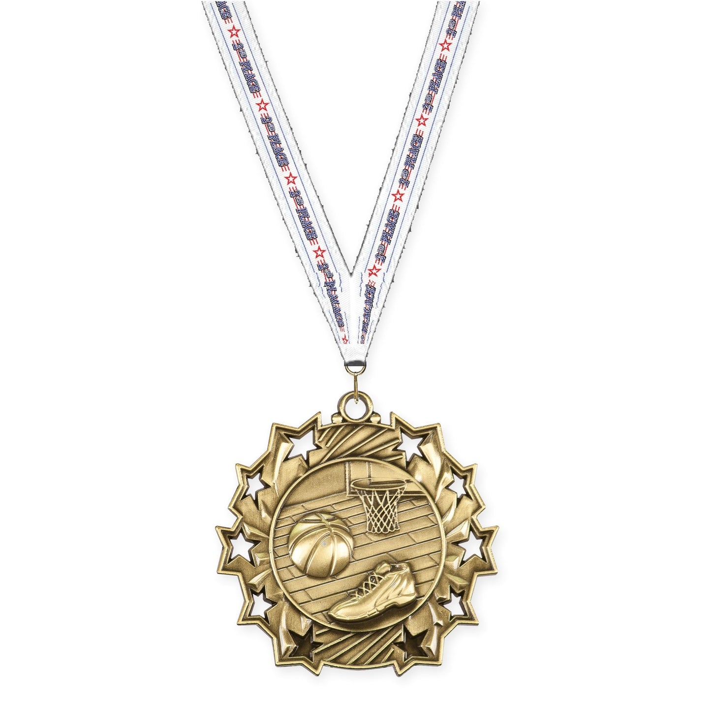 2 1/4 inch basketball Ten Star medal in antique gold with 2nd Place neck ribbon