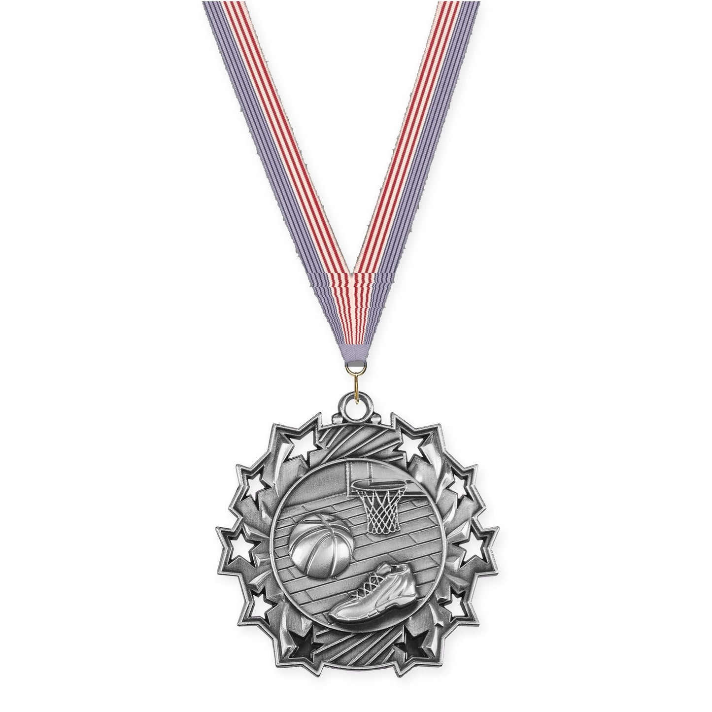2 1/4 inch basketball Ten Star medal in antique silver with USA Flag neck ribbon