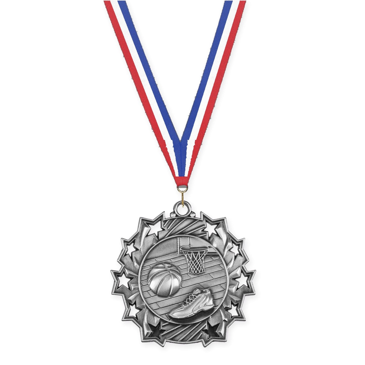 2 1/4 inch basketball Ten Star medal in antique silver with Red White Blue neck ribbon