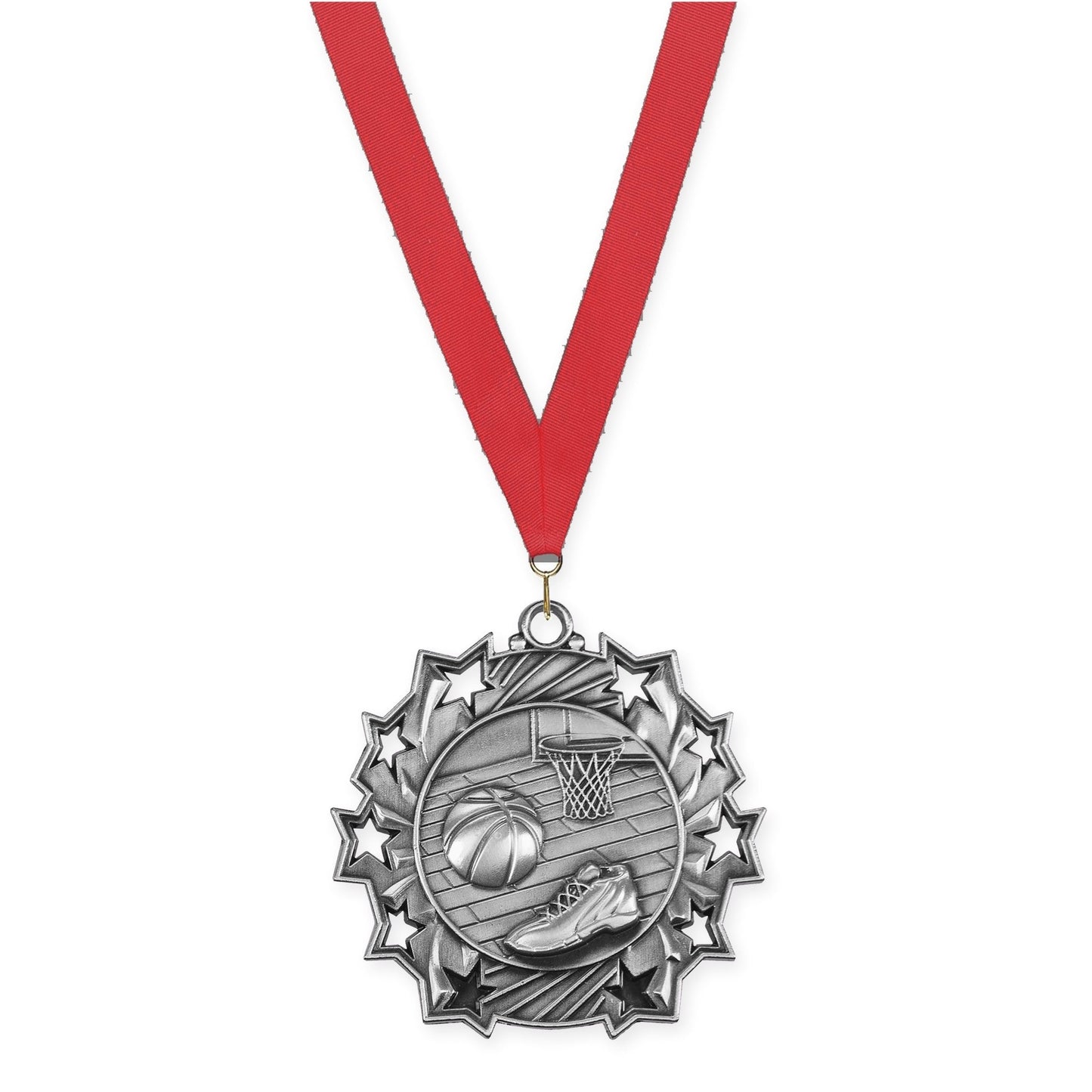 2 1/4 inch basketball Ten Star medal in antique silver with Red neck ribbon