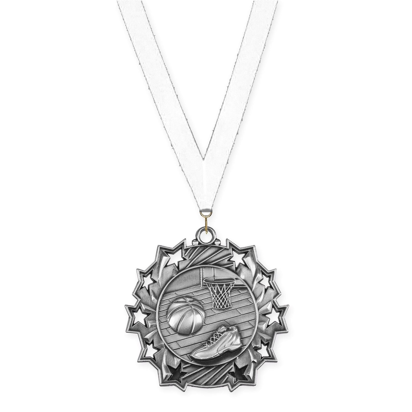 2 1/4 inch basketball Ten Star medal in antique silver with White neck ribbon