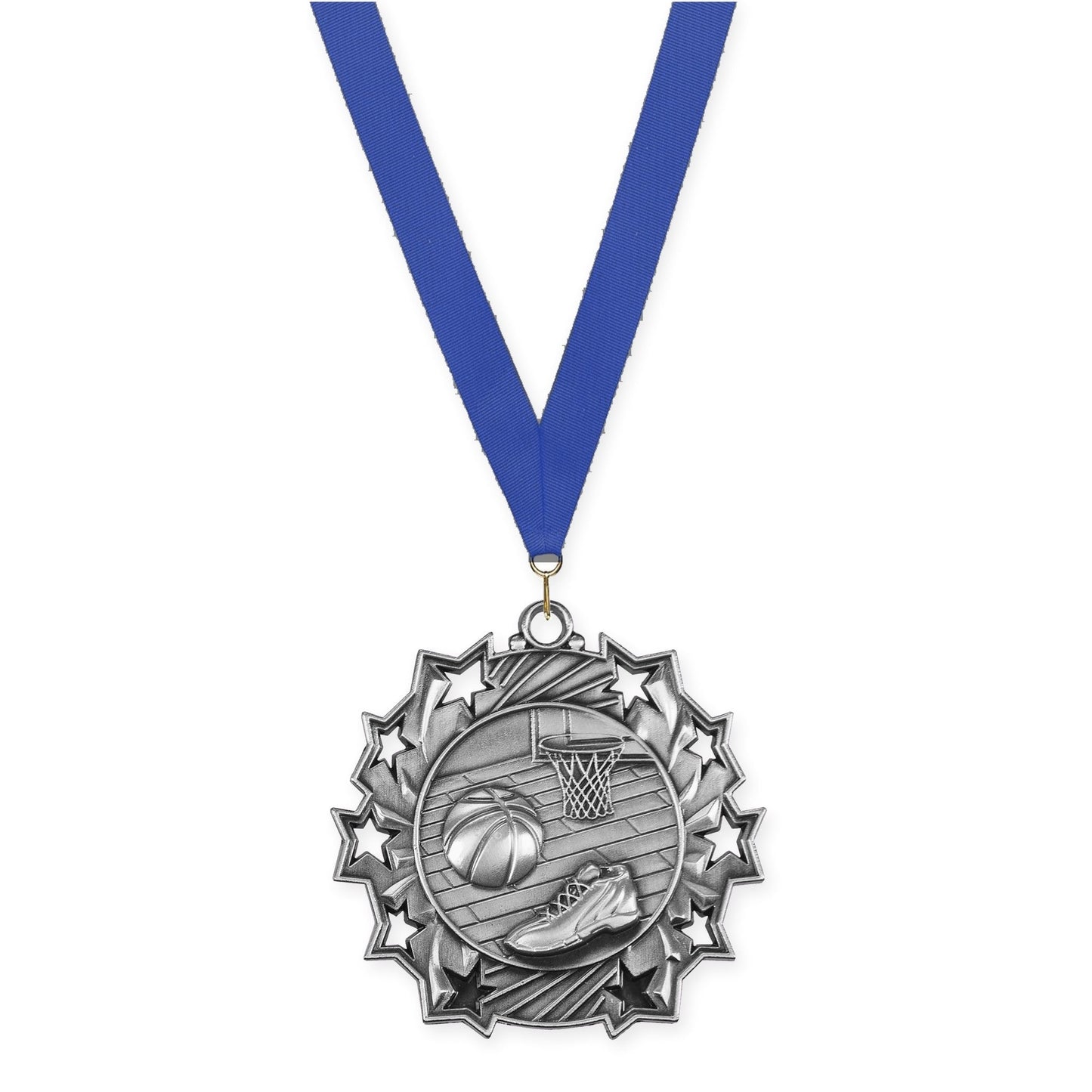 2 1/4 inch basketball Ten Star medal in antique silver with Blue neck ribbon