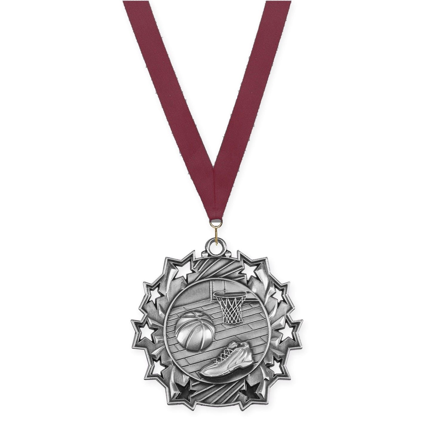 2 1/4 inch basketball Ten Star medal in antique silver with Maroon neck ribbon