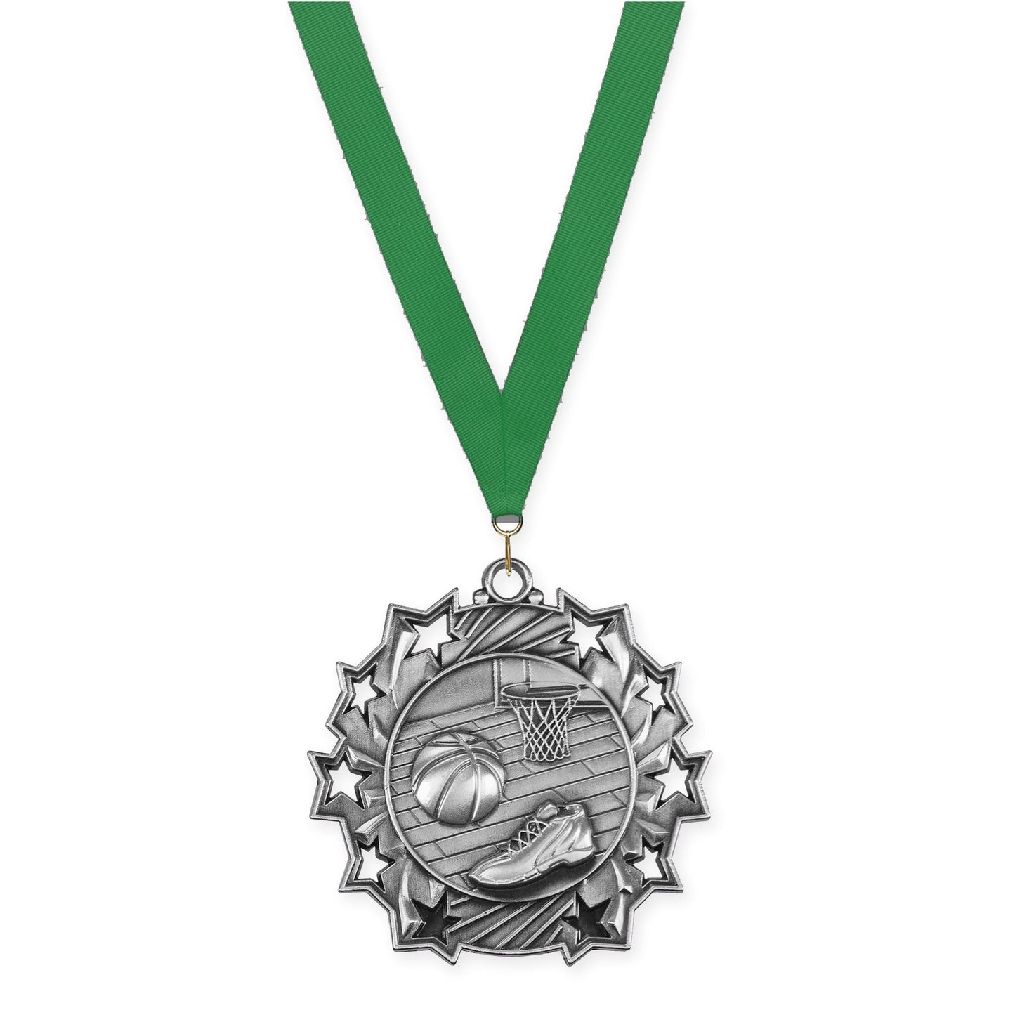 2 1/4 inch basketball Ten Star medal in antique silver with Green neck ribbon