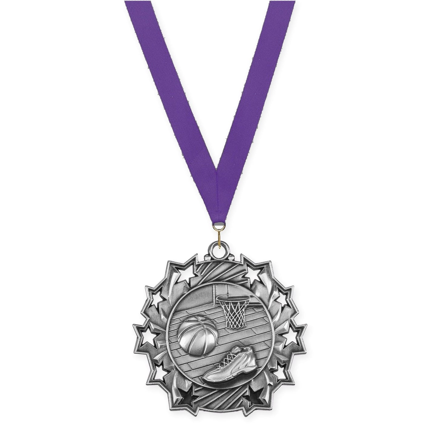 2 1/4 inch basketball Ten Star medal in antique silver with Purple neck ribbon