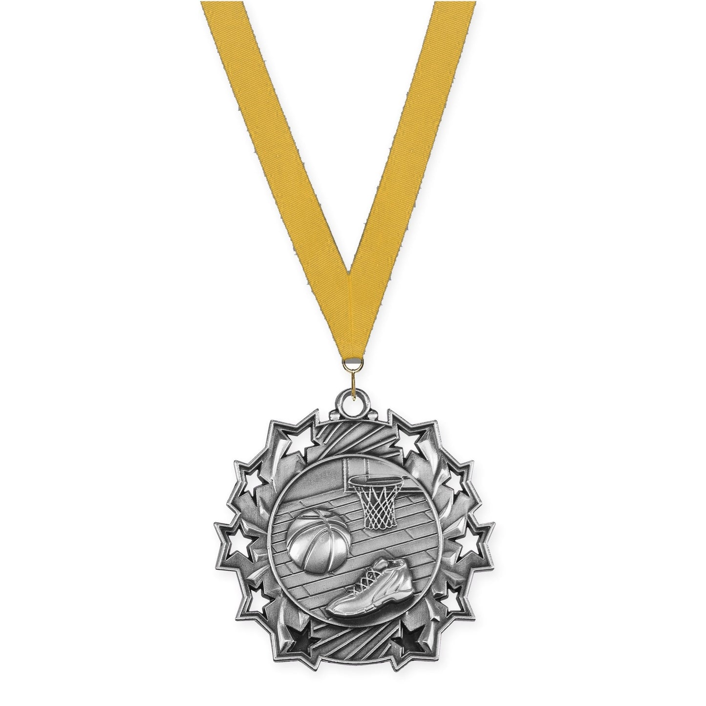 2 1/4 inch basketball Ten Star medal in antique silver with Gold neck ribbon