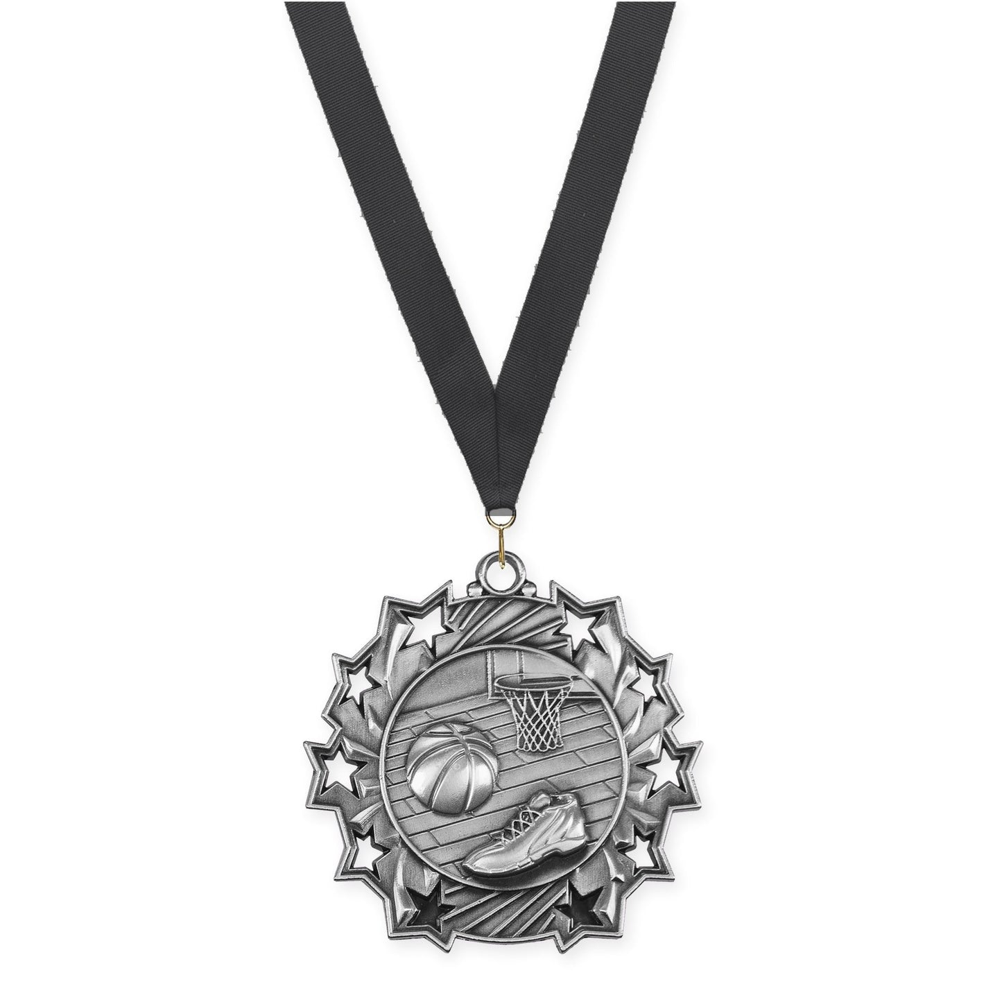 2 1/4 inch basketball Ten Star medal in antique silver with Black neck ribbon