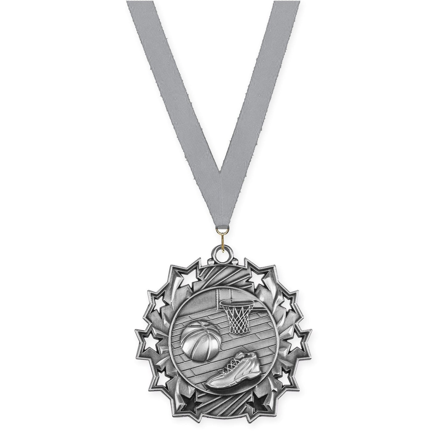 2 1/4 inch basketball Ten Star medal in antique silver with Gray neck ribbon