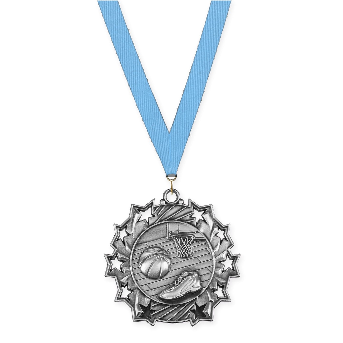 2 1/4 inch basketball Ten Star medal in antique silver with Light Blue neck ribbon