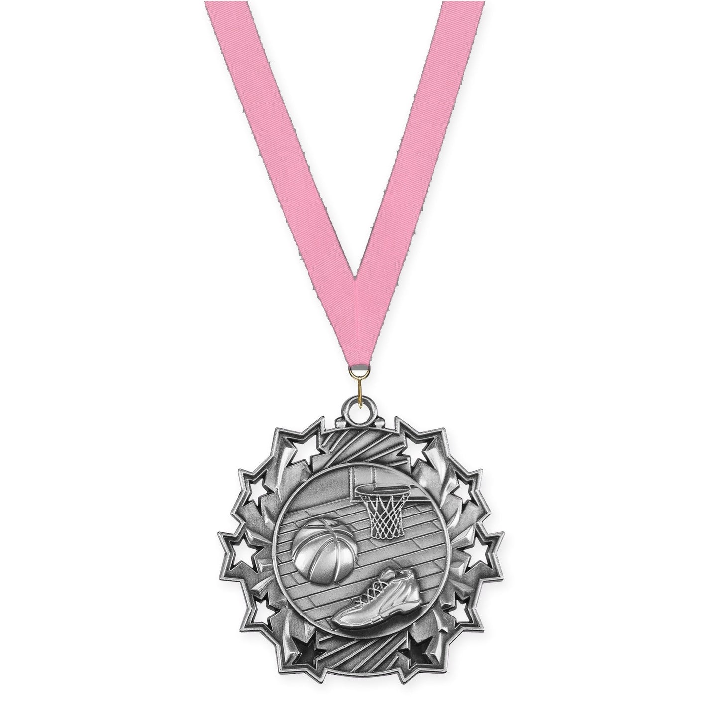 2 1/4 inch basketball Ten Star medal in antique silver with Pink neck ribbon