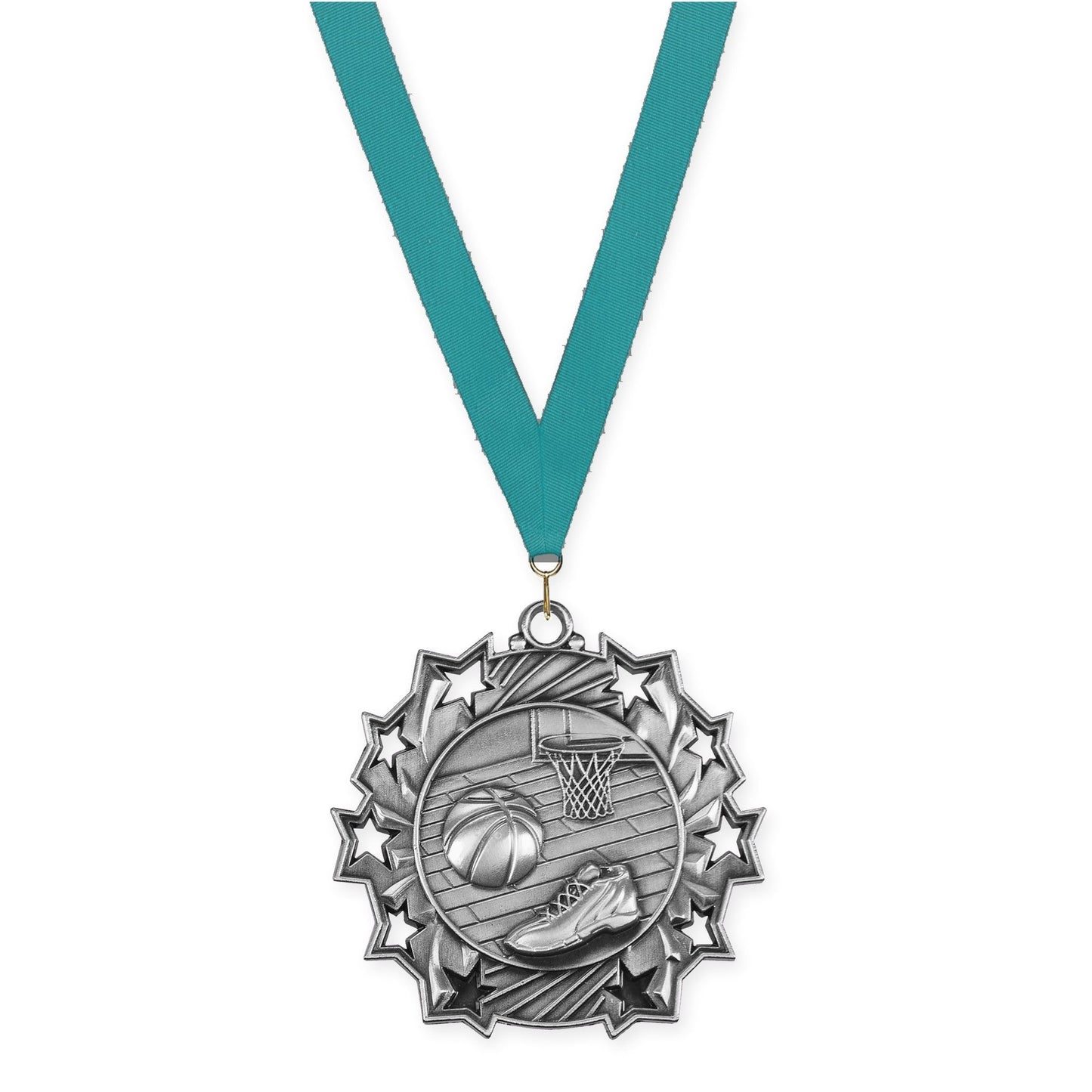 2 1/4 inch basketball Ten Star medal in antique silver with Teal neck ribbon