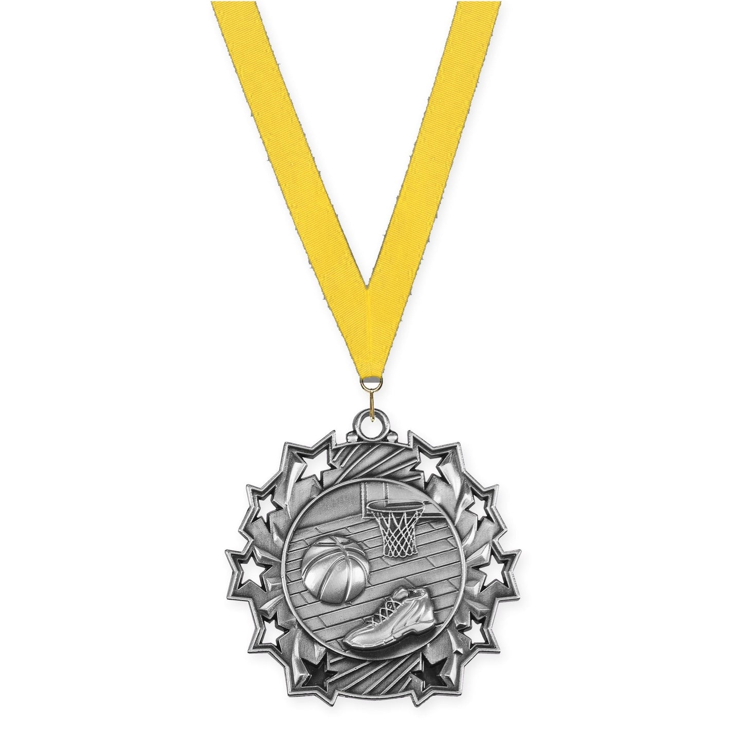 2 1/4 inch basketball Ten Star medal in antique silver with Yellow neck ribbon