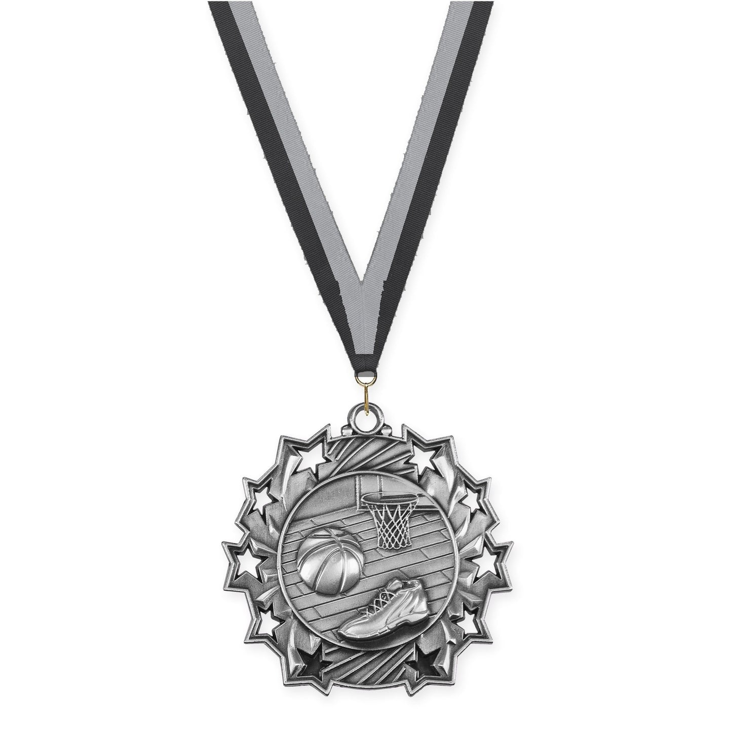 2 1/4 inch basketball Ten Star medal in antique silver with Black Gray neck ribbon