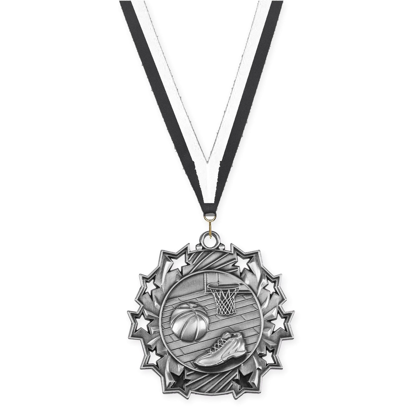 2 1/4 inch basketball Ten Star medal in antique silver with Black White neck ribbon